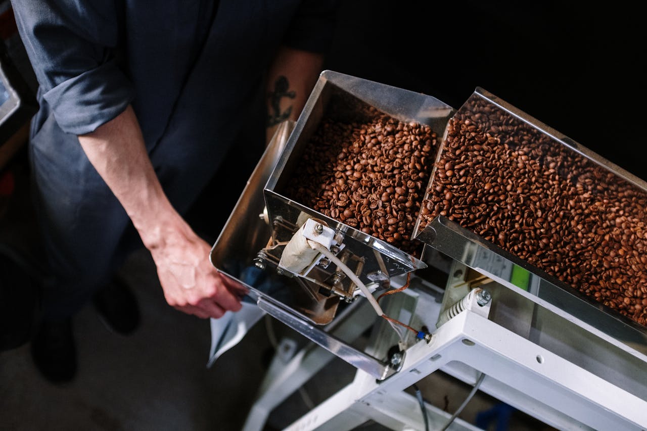Services-03 Close-up of coffee beans being sorted by a worker in an industrial machine.